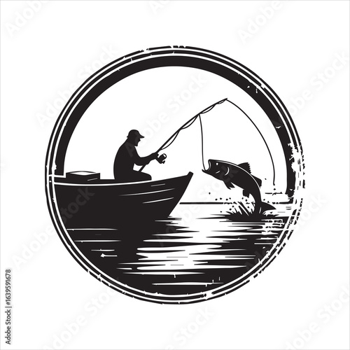 Silhouette of Fisherman in Boat Catching a Jumping Fish in Circular Emblem.