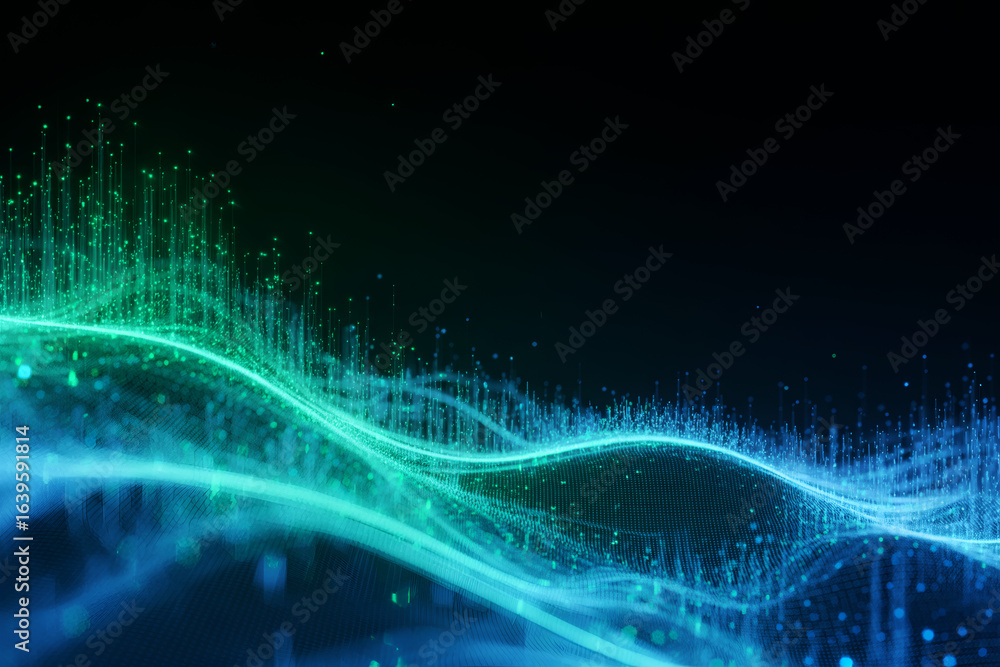 Obraz premium Futuristic glowing blue and green data wave on dark background