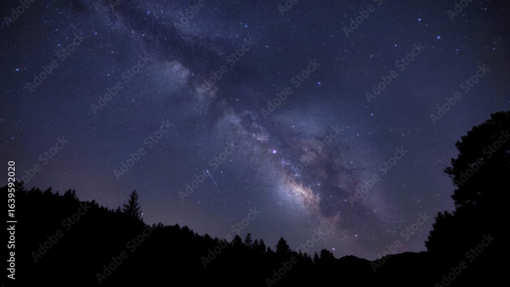 Fototapeta premium Stunning Milky Way galaxy stretches across a clear night sky over silhouetted trees and hills