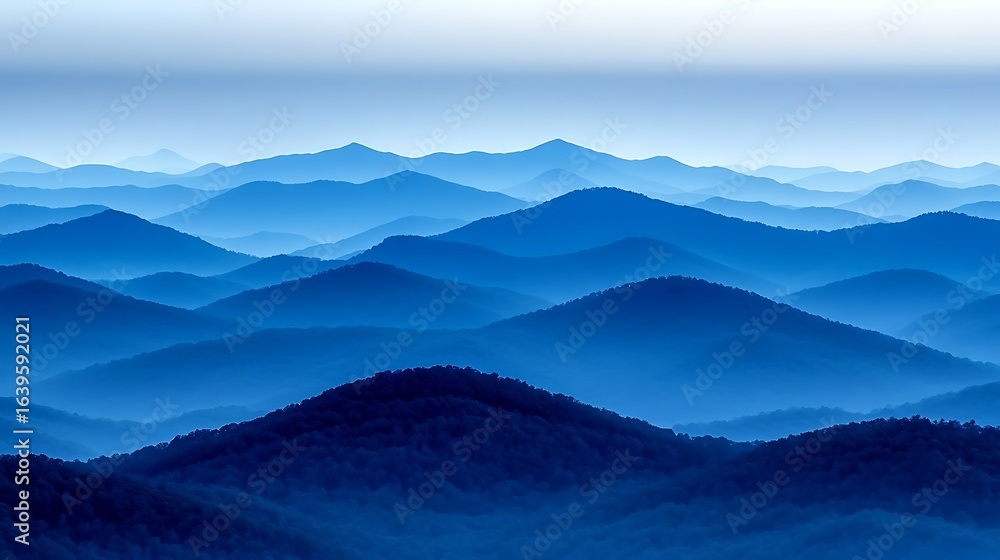 Fototapeta premium Misty mountain range painted in shades of blue.