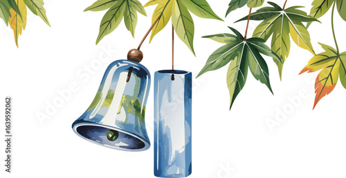 Watercolor Style Wind Chime Hanging from Japanese Maple Leaves Illustration on White Background