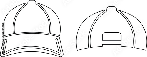 Baseball hat icon set, black vector collection of sports cap group in line style, headwear fashion accessory symbols, adjustable snapback visor silhouette and outline bundle