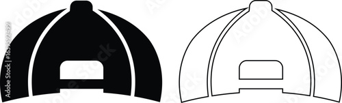 Baseball hat icon set, black vector collection of sports cap group in flat and line style, headwear fashion accessory symbols, adjustable snapback visor silhouette and outline bundle