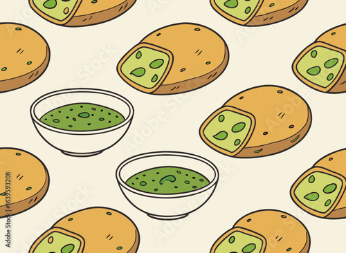 Seamless pakora fritters background with green chutney	