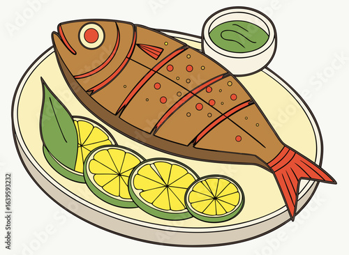 Spicy fried fish vector with lemon slices and chutney	