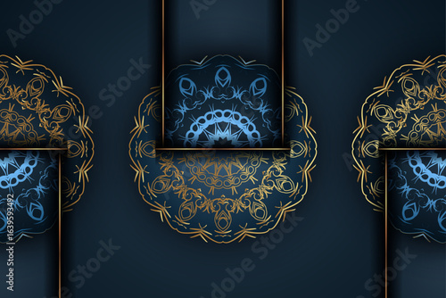 Decorative blue and gold mandala art with central star shaped concentric design and symmetrical smaller patterns for wall decor