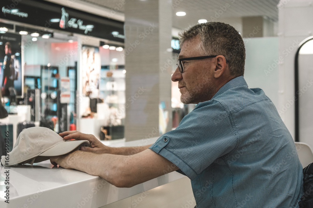 Fototapeta premium man in blue shirt and glasses sits at counter in mall. he rests his forearms on surface, looking contemplative while holding hat. store displays are visible in background. close up.