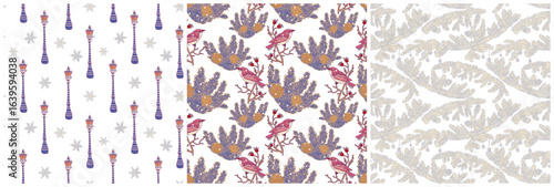 Set of three winter seamless patterns. Snowy fir tree branches, birds, lanterns and ice patterns. Seasonal Christmas holiday wallpaper hand drawn on white background.