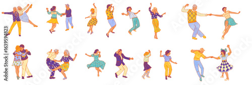 Set of 15 stickers of dancing people and couples in retro disco style. Set of Christmas stickers. Illustration for design of invitations cards.