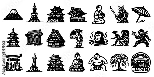 日本文化と風景のモノクロデザインセット 、Black and White Design Set of Japanese Culture and Scenery 