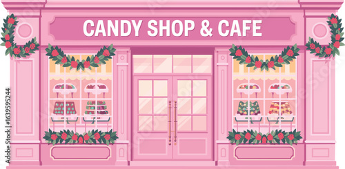 Charming pink candy shop and café exterior, festive decorations, sweet treats in windows, pastel storefront, whimsical design, dessert bakery facade.