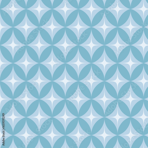 Blue Teal Overlapping Circles Seamless Pattern with Geometric Star Motifs
