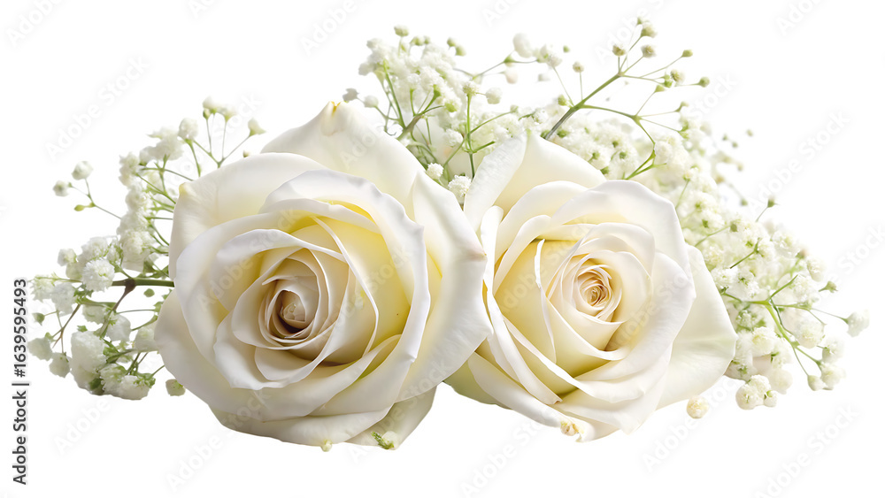 Obraz premium pair of white roses with breath isolated on white background PNG , AI GENERATED 