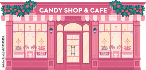 Charming pink candy shop and café exterior, festive decorations, sweet treats in windows, pastel storefront, whimsical design, dessert bakery facade.