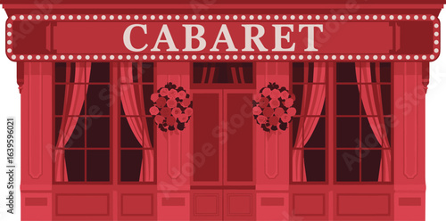 Elegant cabaret entrance illustration with red curtains, vintage lamps, roses, dramatic facade, perfect for nightlife, theater, burlesque, entertainment themes.