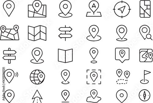 Location Line Icon Set – Map Pin, GPS, Navigation, Compass, Directions, Distance, Address, Editable Stroke Vector