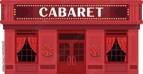 Elegant cabaret entrance illustration with red curtains, vintage lamps, roses, dramatic facade, perfect for nightlife, theater, burlesque, entertainment themes.