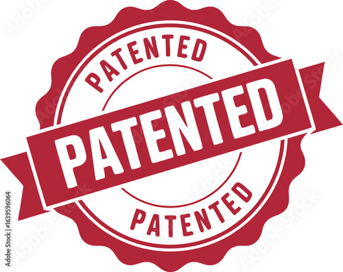 Red patented stamp with ribbon and scalloped edge on a white background