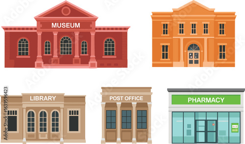Flat vector illustration of public buildings including museum, library, post office, pharmacy, and town hall, ideal for education and city planning.