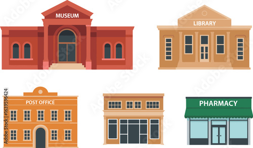 Flat vector illustration of public buildings including museum, library, post office, pharmacy, and town hall, ideal for education and city planning.