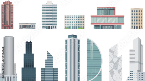Minimalist flat illustration of modern urban city skyline, commercial buildings, skyscrapers, office towers, architecture design, real estate, cityscape, business district