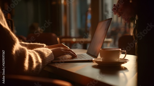 A person using a laptop sits and works in a coffee shop with a cup of coffee and the atmosphere is calm and warm. Realistic, high resolution image.