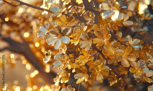Abstract golden flowers shimmering in soft light floral still life