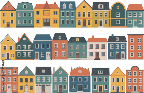 Set of colorful 3-4 story apartment buildings, urban houses, residential city architecture, flat design vector, modern townhouse illustration.