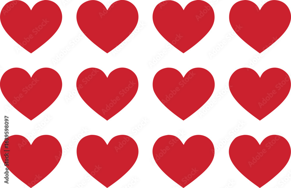 Twelve Symmetrical Red Hearts Arranged in Three Rows on a White Background Valentine's Day