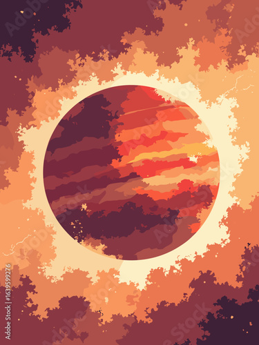 Jupiter – Great Red Spot with surrounding turbulent eyewalls and lightning, palette: ochre, crimson, cream, umber