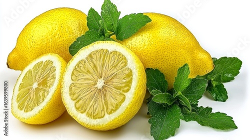 Close up of Yellow Lemons and Green Mint Leaves on White Background, Generative AI
