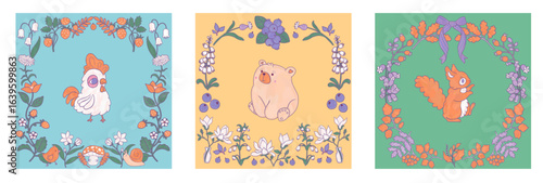 Folk set of 3 cute cartoon animals square illustrations. Rooster, bear, squirrel. Design composition for postcard design. Cozy baby Easter collection	