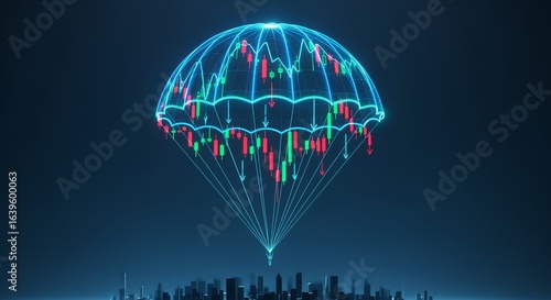 Parachute shaped from stock market graph, symbol of safe landing in financial decline