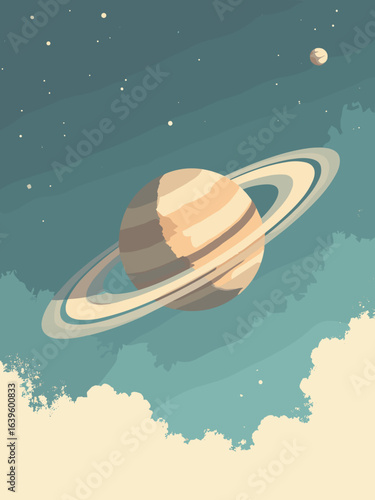 Saturn – Ring-plane crossing with sharp ringlets and moonlet shadows, palette: ring silver, sepia, cloud white, teal