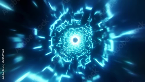 Futuristic Sci-Fi Journey Through a Glowing Blue Digital Wormhole Tunnel of Light