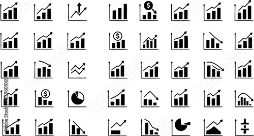 set of Growing bar 60 icon set. Business graphs and charts icons. Statistics and analytics vector icon. Statistic and data, charts diagrams, money, down or up arrow. Vector illustration