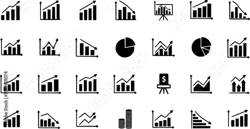 set of Growing bar 60 icon set. Business graphs and charts icons. Statistics and analytics vector icon. Statistic and data, charts diagrams, money, down or up arrow. Vector illustration
