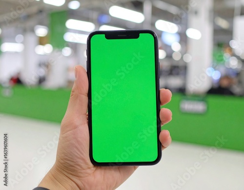 Hand Holding Smartphone with Green Screen for Technology and Advertising Use