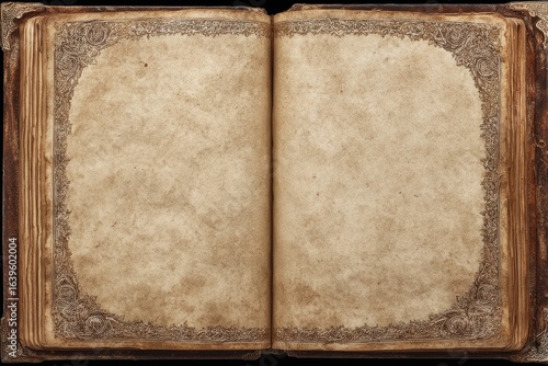 Open antique book with aged, ornate pages