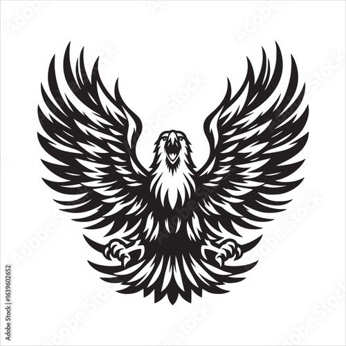 Black silhouette of an eagle with wings spread wide, talons extended, and beak open in a roar bird flying