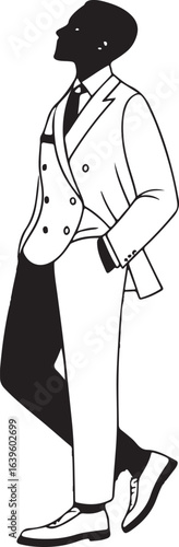 Elegant illustration of a man in a suit stepping down stairs in a modern and stylish business environment