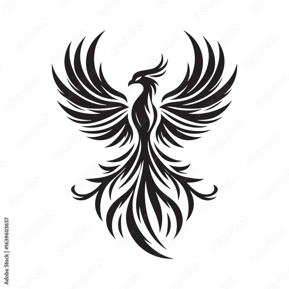 Obraz premium Stylized Black Phoenix with Spread Wings and Flowing Tail Feathers on White Background mythical bird