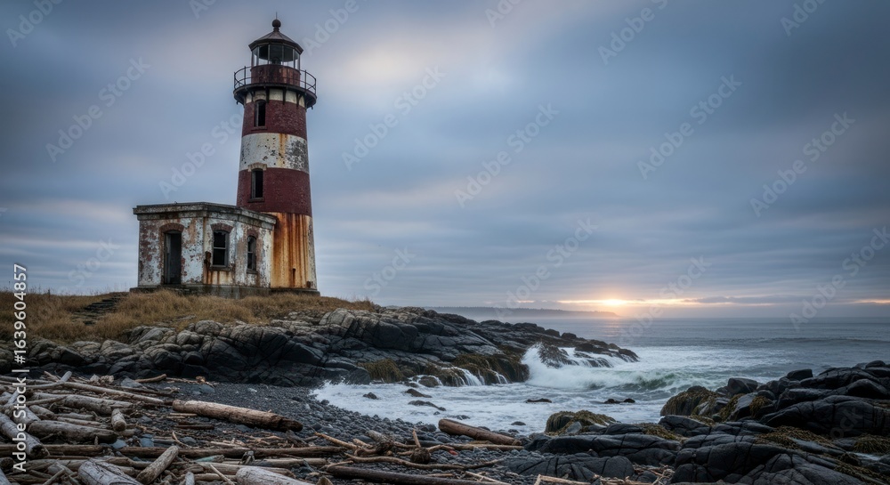 Naklejka premium Weathered Lighthouse on Rocky Coastline at Sunset, Dramatic Sky, Coastal Scene.