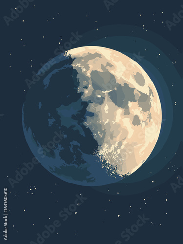 Moon – Tranquil mare and jagged rim illuminated by slanting sunlight, palette: basalt gray, regolith beige, shadow black, starlight silver