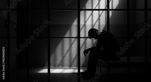 Man sitting alone in jail cell with head bowed in darkness  