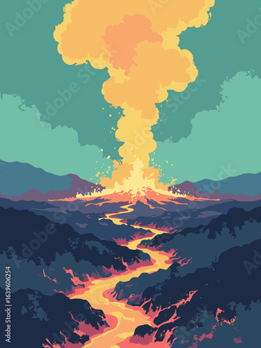 Io – Sulfur plumes and neon lava fields near a volcanic fissure, palette: sulfur yellow, lava orange, obsidian, acid green