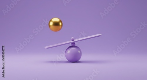 Balancing purple and gold spheres on a seesaw in minimalist style  