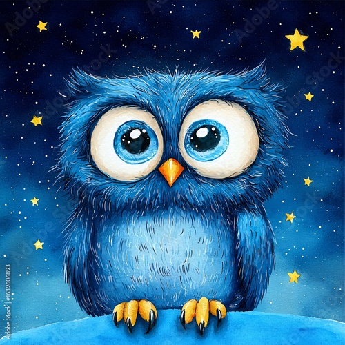 Enchanting blue owl amidst twinkling stars in a night sky whimsical art fantasy environment dreamy perspective captivating concept