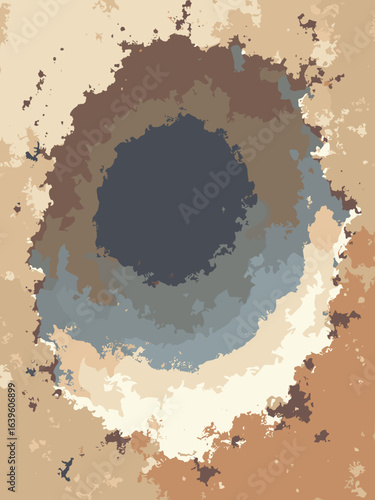 Callisto – Ancient heavily cratered basin with diffuse frost, palette: moonstone gray, rust brown, powder white, deep umber