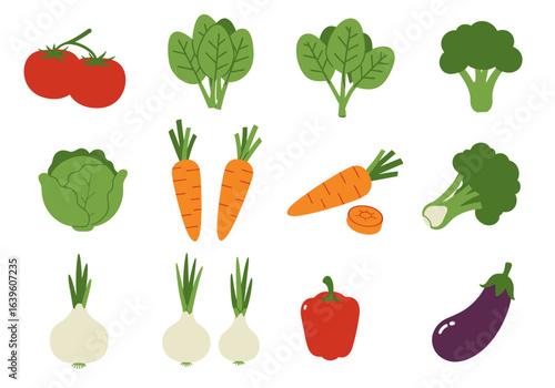 A cartoonstyle spread of vegetables tomatoes spinach broccoli cabbage carrots onions pepper  eggplant